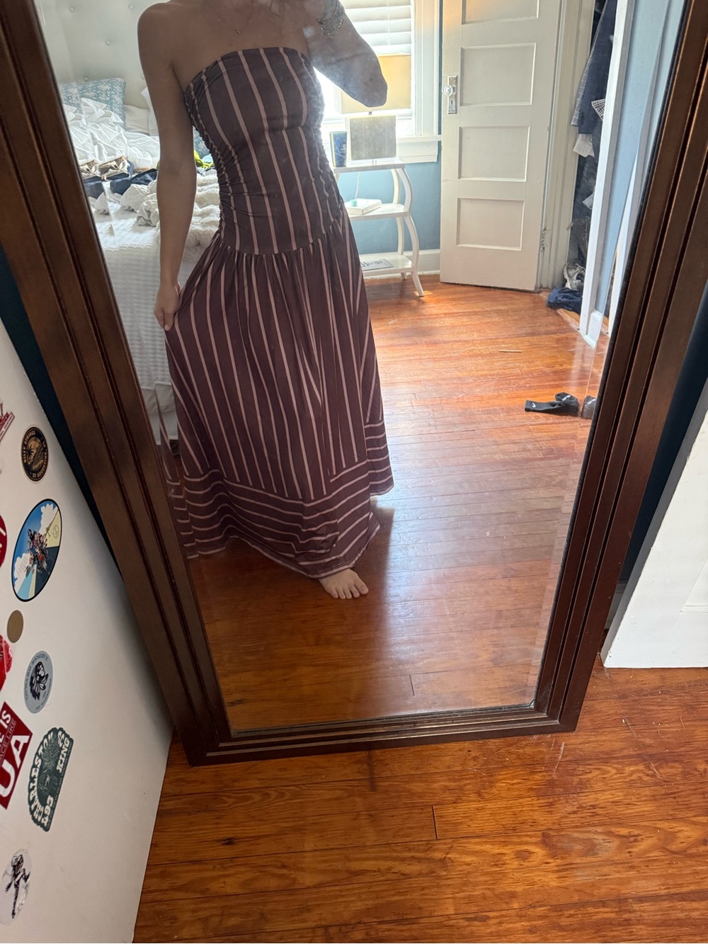 SHEIN Strapless Brown & Cream Striped Maxi Dress
